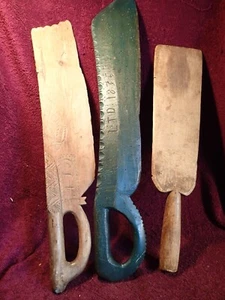 Lot of 3 ANTIQUE HANDMADE WOOD LINEN FLAX SWORDS BEATER SWEDEN SWEDISH - Picture 1 of 13