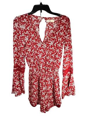 Hollister Women's Ruffle Long Sleeve Shorts Romper Boho Size S Red Floral Hippy - Image 1 of 4