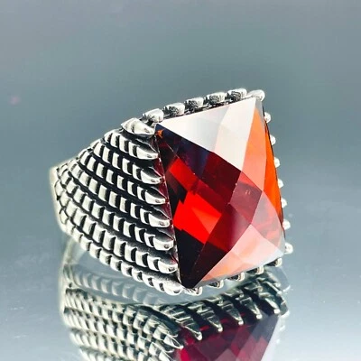 Anel masculino simulado de pedra rubi prata esterlina 925 feito à mão moda legal presente ele - Imagem 1 de 4