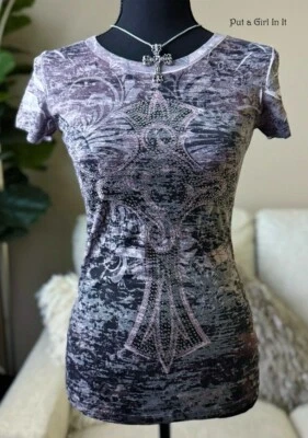 Nueva CAMISA VOCAL Mujer USA CRISTAL PÚRPURA ROSA CRUZ BURNOUT VIEJA ESCUELA S M L Foto 1 de 3