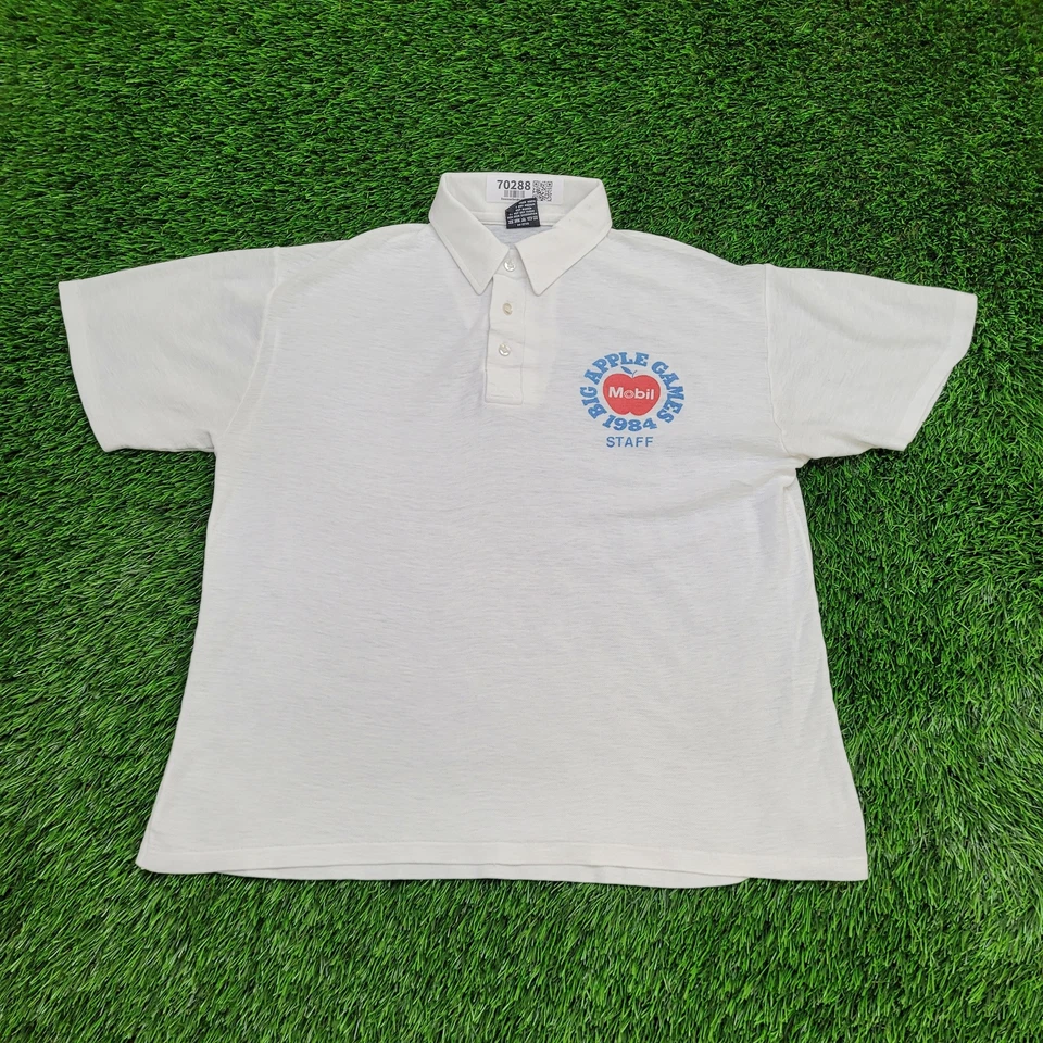 Vintage 1984 Big-Apple-Games Staff Polo Shirt M/L 21x24 White Cropped NYC - Image 1 of 4