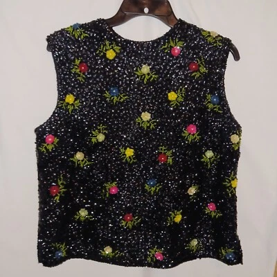 Crown Rose Originals, Multicolor Negro Cuentas Rosas, Top Lentejuelas, Talla EU 42 Foto 1 de 4