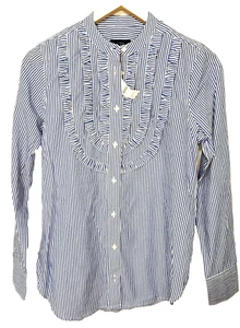 J.CREW Damenhemd Bandkragen Rüschen vorne gestreift Größe XS blau & weiß neu mit Etikett - Bild 1 von 4