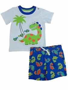 Infant Boys White Turtle & Dinosaur T-Shirt & Blue Shorts Set Outfit 0/3m - Picture 1 of 3