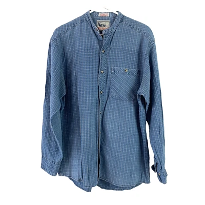 Vintage Red Lodge Plaid Denim Mandarin Collar Button Down Western Shirt Medium - Image 1 of 4