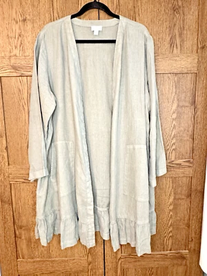 Pure Jill 100% Dyed Linen Open Front Cardigan XL Petite Ruffle Pockets Sage-Gray - Image 1 of 4