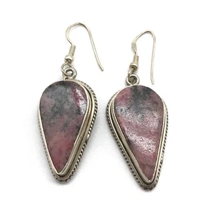 925 Sterling Silver Large Rhodonite Stone French Wire Dangle Drop Earrings 2" - Picture 1 of 3