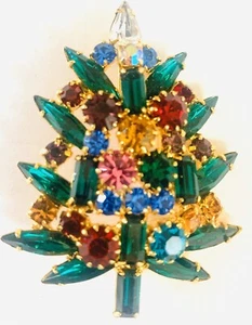 🔥 Vintage Brosche Weihnachtsbaum gewölbt mehrfarbig ALLE Strasssteine Anstecknadel - Bild 1 von 3