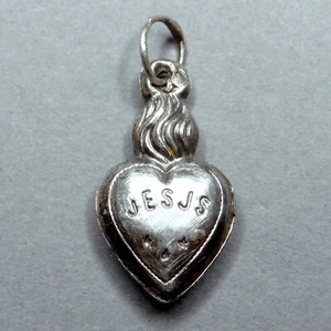 Jesus and Mary, Sacred Heart. Antique Religious Silver Pendant. Little Medal. - Picture 1 of 7