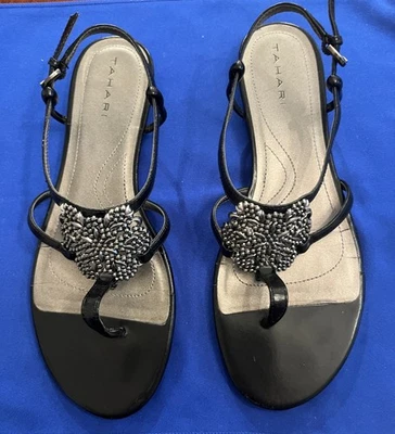 Tahari Black Leather with Silver Floral Center Medallion-Size 8 Strappy Sandals - Image 1 of 4
