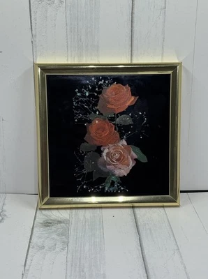 1980s Vintage Kafka Industries HAND ETCHED Foil Print 6" Gold Frame - Pink Roses - Image 1 of 4