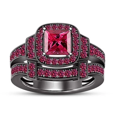 Juego de anillos de compromiso nupciales de zafiro creados por Princess Lab de 2 quilates de oro negro de 14 quilates FN Foto 1 de 2