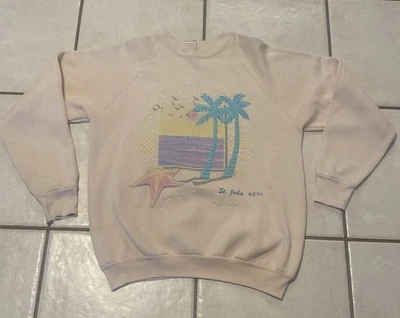 VTG Island of St. John Crewneck Sweatshirt USVI Puff Print BEACH Scene 80s LARGE - Image 1 of 4