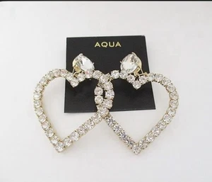 AQUA Gold Tone Dangling Large Heart Earrings With Crystals New With Tags - Picture 1 of 3