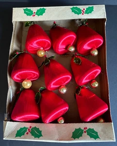 Vintage Pyramid Mills Co Christmas Satin Sheen Red Bell Ornaments Set of 9 - Picture 1 of 8