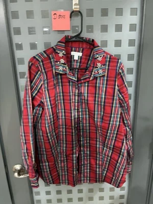 Blusa Charter Club Holiday Glitz a cuadros manga larga con botones talla 18  Foto 1 de 4