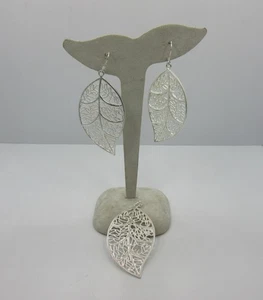 Sterling silver women hook leaf dangle Drop earring pandant set 925 NEW - Picture 1 of 8