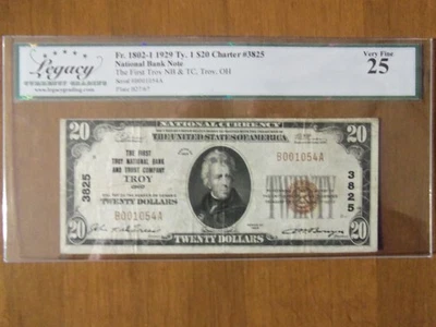 1929 $20 TYI TROY NATIONAL BANK AND TRUST, TROY, OHIO  vf25 CH. #3825 SER. 1054 - Image 1 of 3