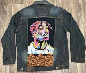 Tupac 2Pac Shakur Upcycled Vintage Denim Jean Jacket Collage Sz Large Streetwear - Picture 1 of 9