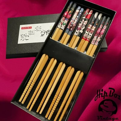 Japanische Essstäbchen Holz Wiederverwendbar Natur Bambus Glück / Glück Katze 5er Set - Bild 1 von 4