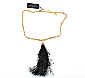 A4 NWT New RACHEL ZOE Gracie Gold Tone Black Silk Tassel Necklace - Picture 1 of 3