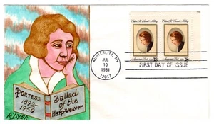 #1926 Edna Vincent Millay Poeta 1981 FDC Ralph Dyer pintado a mano Austerlitz Nueva York - Imagen 1 de 1