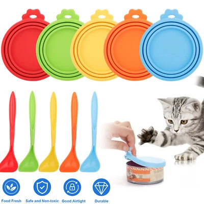 Cubierta de lata de comida para mascotas de 5 piezas con tapa de silicona segura para cuchara para comida para perros gatos Foto 1 de 4