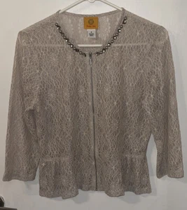 Ruby rd Top Full Front Zipper Cream Lace Like With Embellished Neck Size 8 - Picture 1 of 10