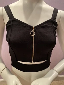 NWT WOMEN'S SEXY CROP ZIPPER KNITTING WITH HOLE BLACK STRAP TANK TOP MEDIUM SIZE - Picture 1 of 4