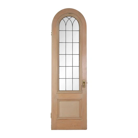 Vintage Arched Wood Door With Leaded Glass Window Cover