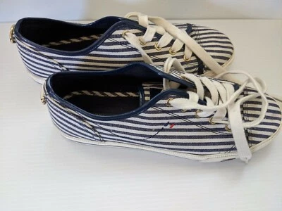 Tommy Hilfiger TWLIVID White&Navy Spriped Nautical Canvas Tennis Shoess Sneaker - Image 1 of 4