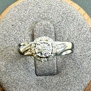 Sterling Silver 925 Natural Diamond Illusion Set Halo Style Promise Ring SZ 6.5