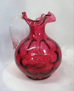 FENTON CRANBERRY THUMBPRINT PITCHER APPLIED CLEAR HANDLE RUFFLED TOP 7"H - Picture 1 of 6