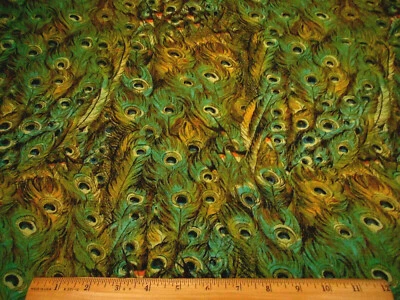 Cotton Fabric 1 Yard Teal Green Yellow Packed Peacock Feathers Quilting #C  - Image 1 of 2