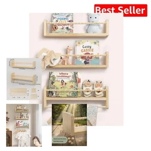 Charming Wall-Mounted Nursery Shelves - Durable Pine Floating Bookshelf Set - Picture 1 of 10