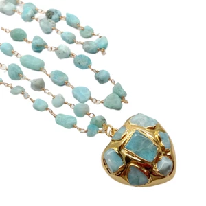 3 Strands Blue Larimar Rosary Chain Necklace Heart-Shaped Larimar Pendant 18'' - Picture 1 of 8