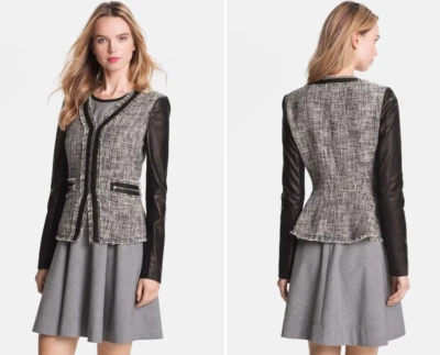 Chaqueta Nordstrom para mujer Rebecca Taylor tweed y cuero con flecos talla 6 Foto 1 de 4