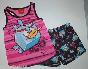 GIRLS PAJAMAS Tank Top Shorts Set ANGRY BIRDS Black Pink ICE BIRD Chillin S 6-6X - Picture 1 of 1