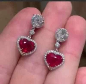2.1Ct Heart Cut Lab Created Red Ruby Women's Drop Earrings 14K White Gold Plated - Picture 1 of 5