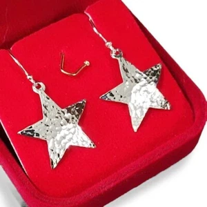 Hammered 925 Silver Star Dangle Earrings Minimalist Women celestial Jewelry Gift - Picture 1 of 10