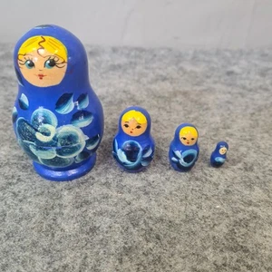 Russian Matryoshka Nesting Dolls Blue Hand Painted Set of 4 Wooden Babushkas - Picture 1 of 4