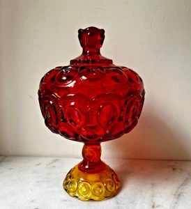 Vintage L E Smith Amberina Ruby Red Moon And Stars 12" Pedestal Dish With Lid - Picture 1 of 16