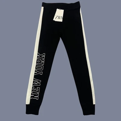 Zara Leggings Girls Size 11-12 Black Striped New York Logo Ribbed Stretch NEW - Image 1 of 4