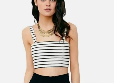 ECOTE Urban Outfitters Linen Blend Ivory & Black Linen Blend Cropped Top Size S - Image 1 of 4