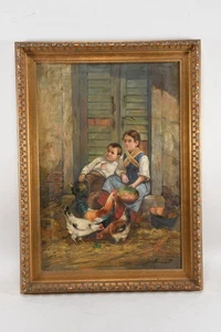 N89E37- Pal Ferenc (1914-?) Gemälde Kinder und Hühner signiert - Picture 1 of 12