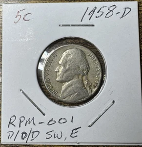 1958-D Jefferson Nickel 5C D/D/D SW-E RPM-001 Mint Error RPM - Picture 1 of 5