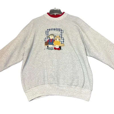 Sudadera De Colección Para Mujer XL Gris Rojo Cuello Redondo Apliques Country Acogedora Grannycore Foto 1 de 4