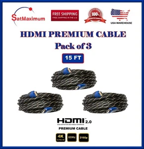 3-Pack - 15FT HDMI 4K Premium Braided Cable 60Hz 1080P HDTV 3D Xbox PS5 Cord - Picture 1 of 7