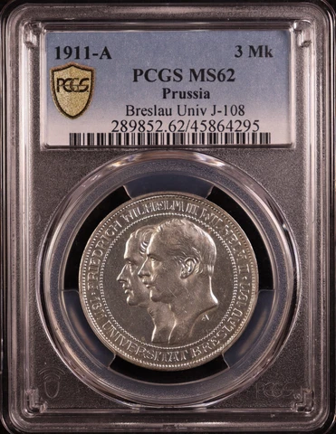 1911-A Germany Prussia 3 Mark "Breslau University" - PCGS MS62 - Proof-Like! Cover