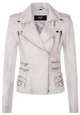 Ladies Leather Biker Jacket White Real Lamb Nappa Vintage Gothic Buckle Jacket - Image 1 of 4